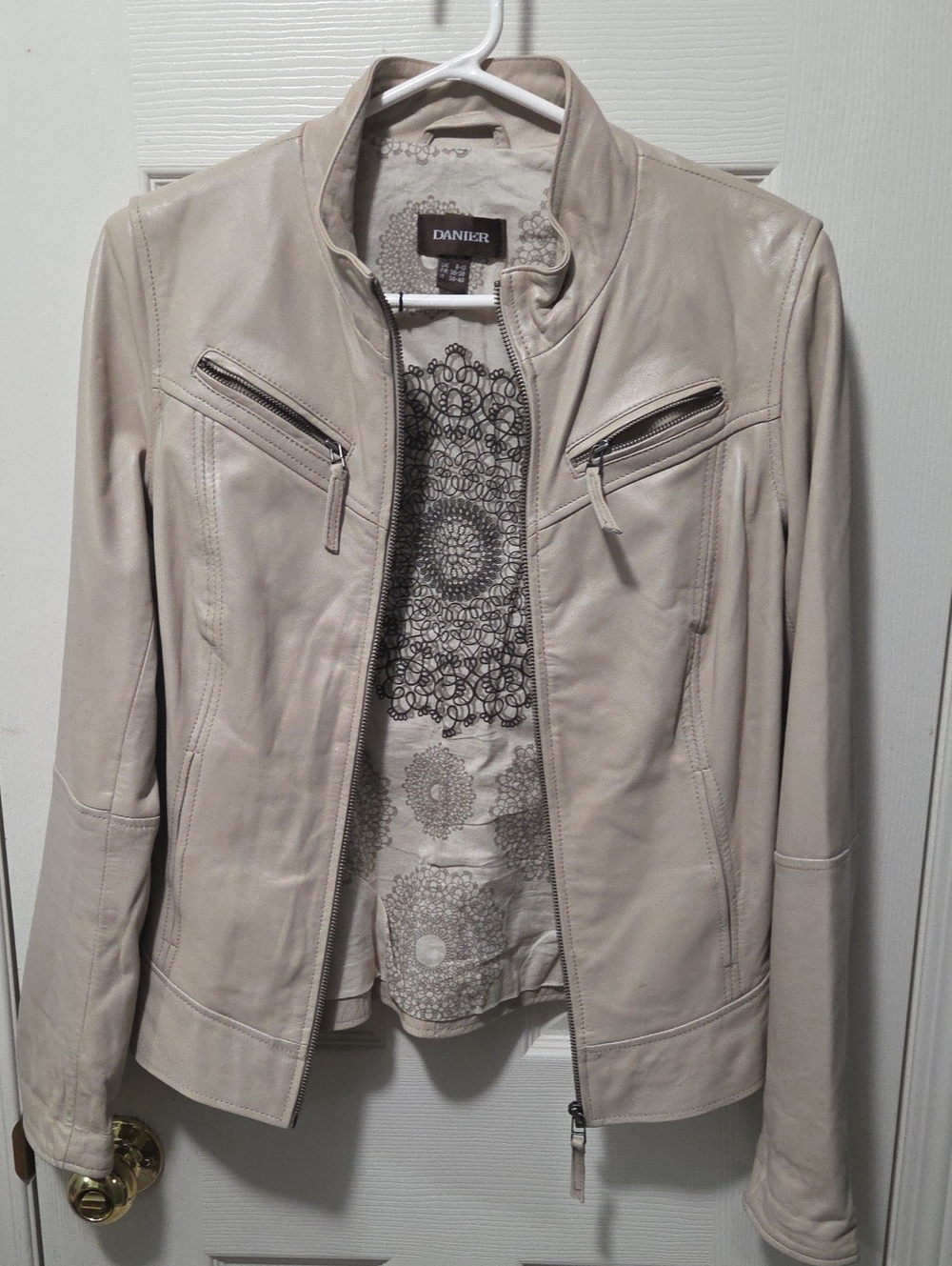 Danier Cream Leather Moto Jacket with Zip Chest Pockets